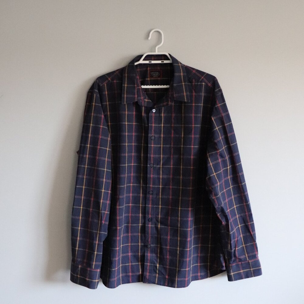 UNTUCKit Men's Navy XXL Georgio Plaid Slim Fit Cotton Button Down Collared Shirt